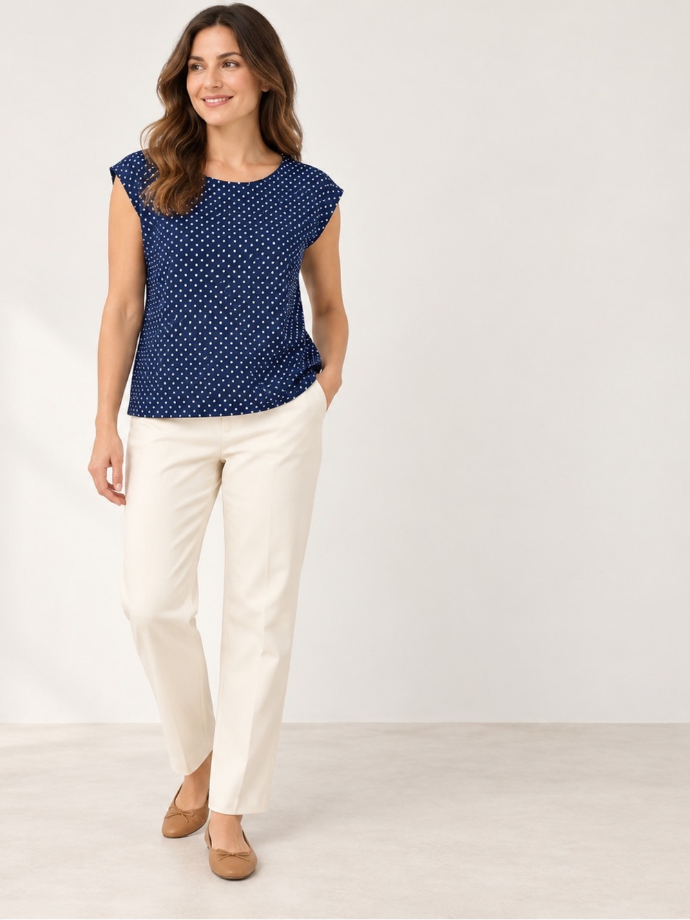 Chaus Navy and White Polka Dot Cap Sleeve Blouse